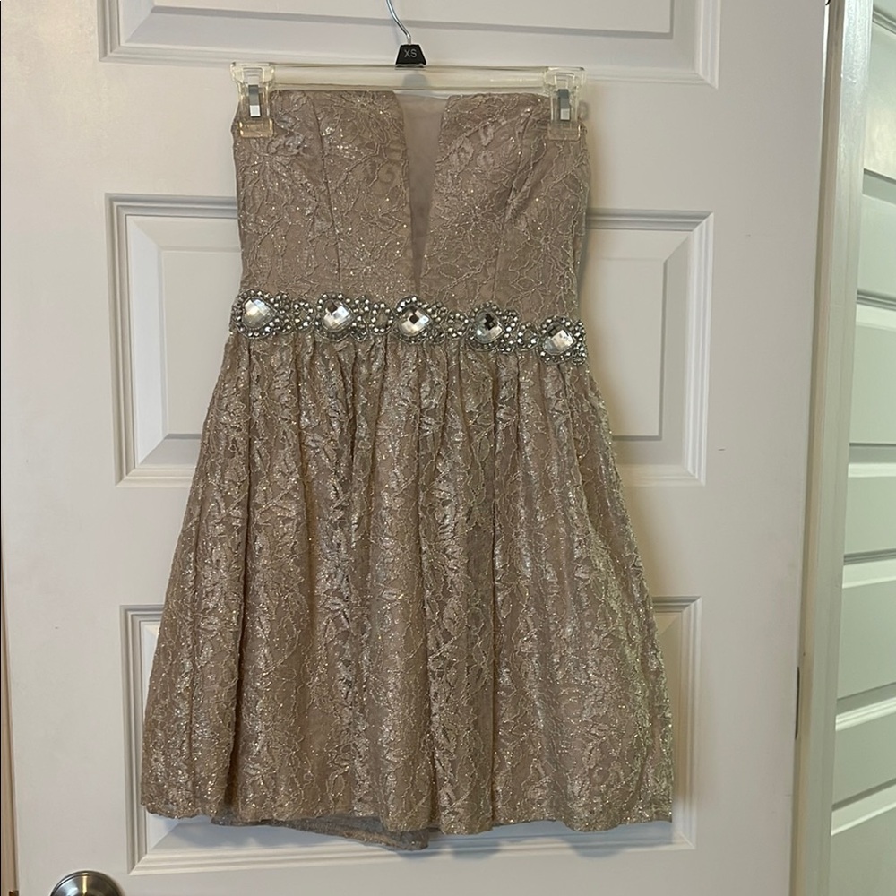 Elegant Strapless Dress with Silver Embellishments